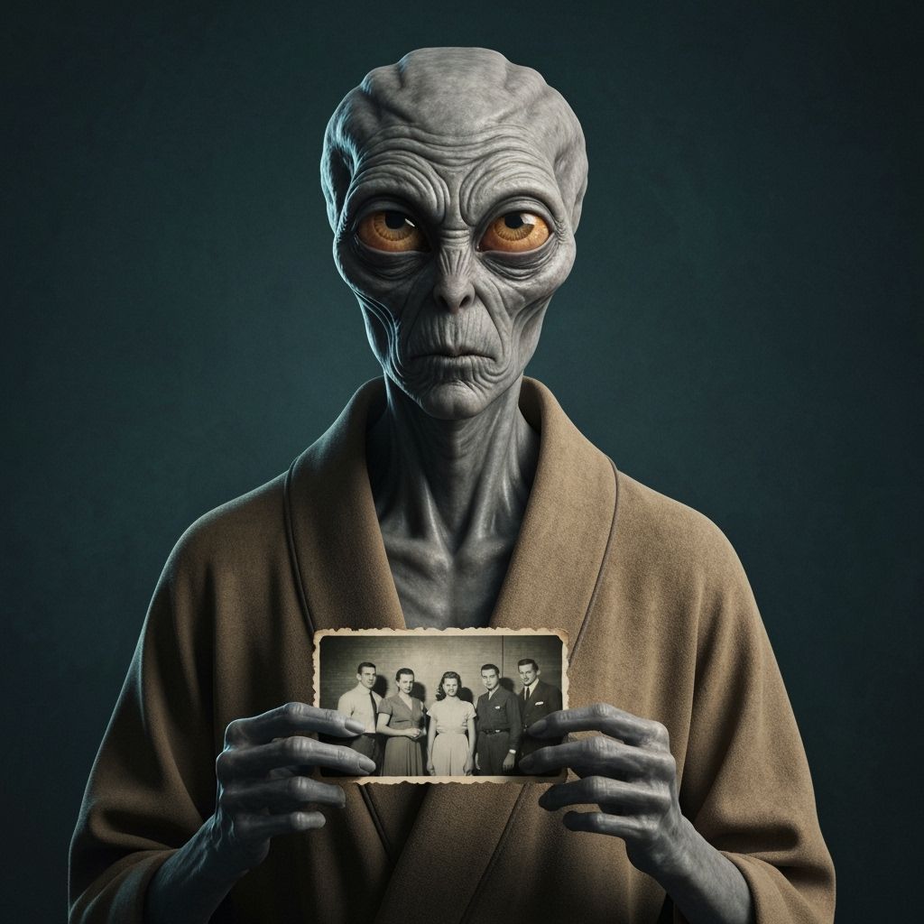 Alien Holding 1950s Photo in Retro-Futuristic Style