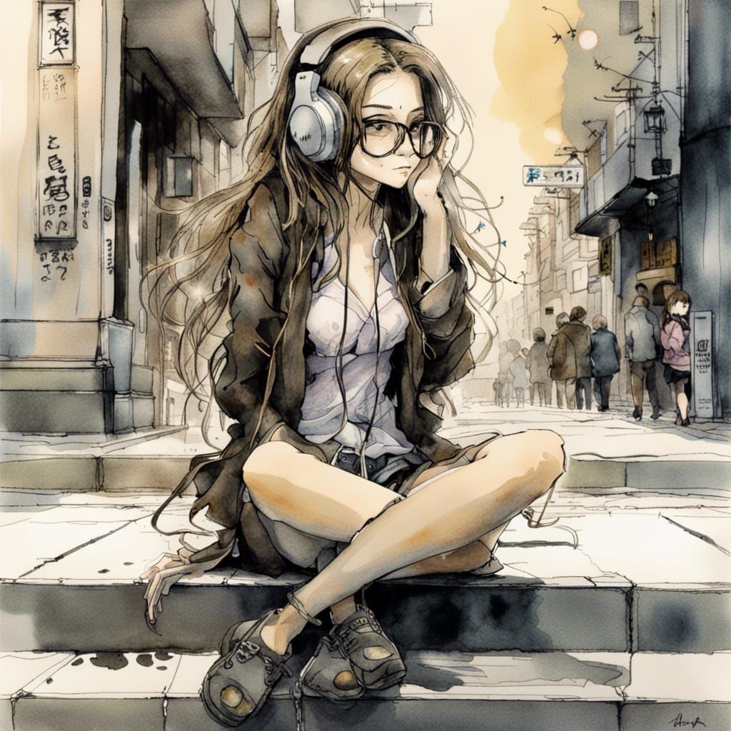 Woman on Sidewalk with Headphones in Anime Watercolor Style