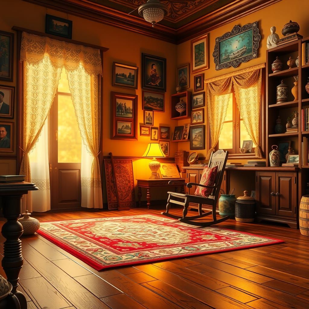 Cozy Indian Parlor in Golden Light, 3D Render