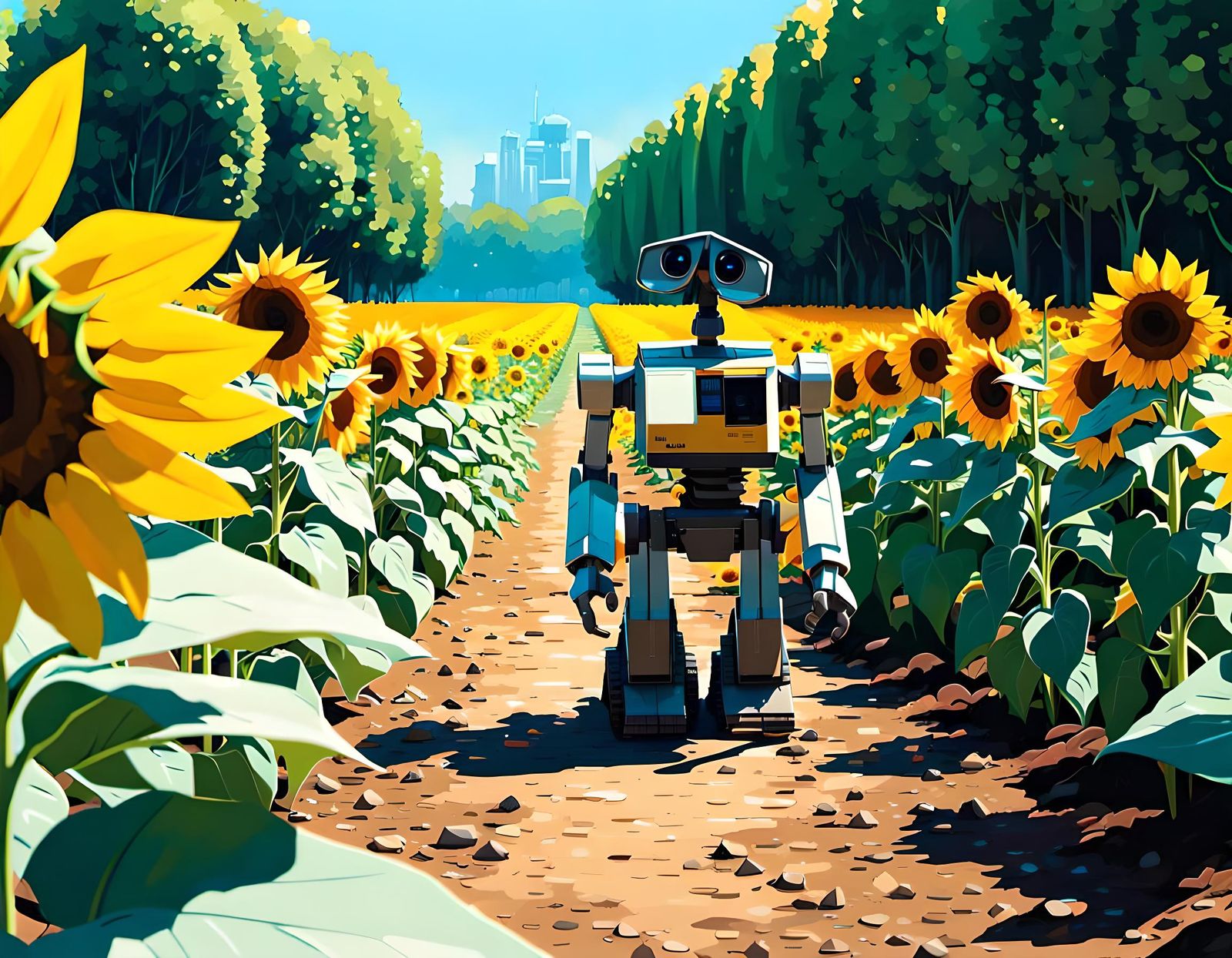 Wall-E in Sunflower Garden: Animated Style