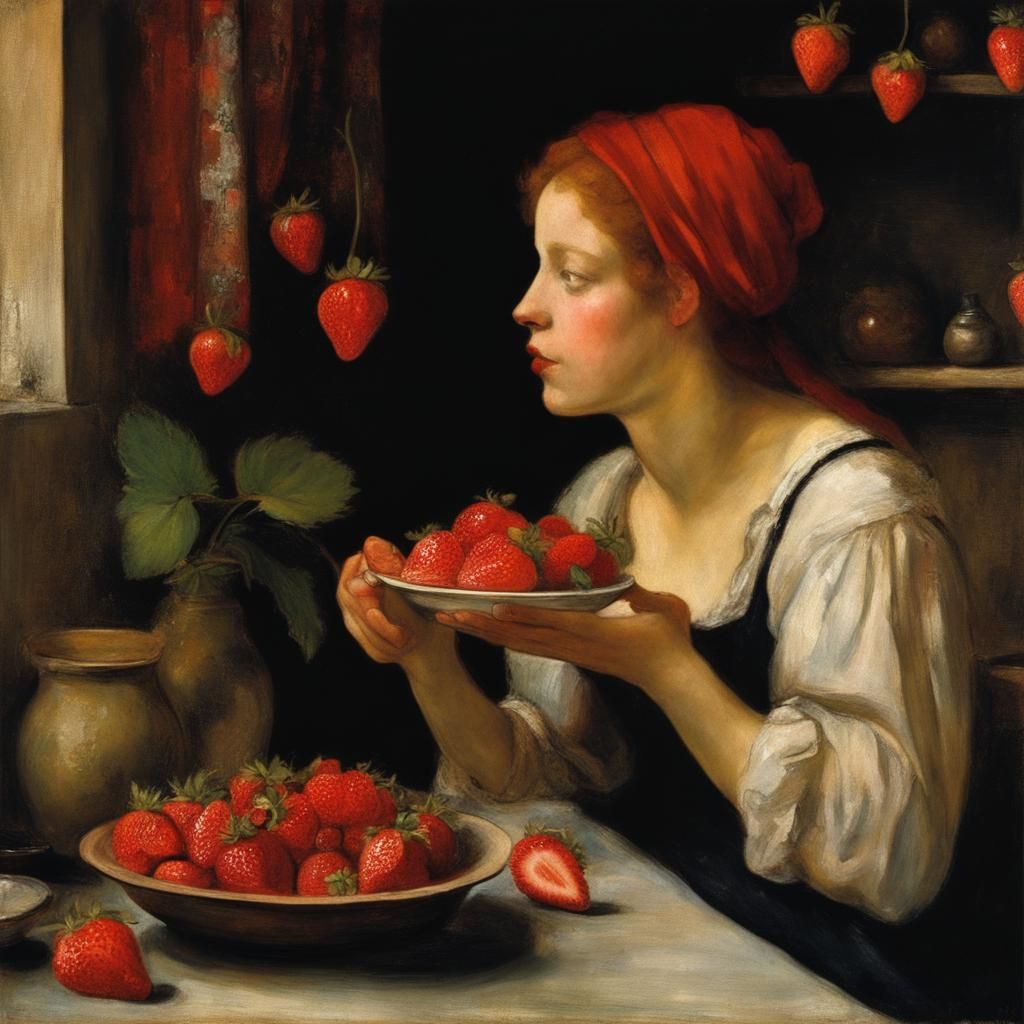 Bohemian Kitchen: Woman and Strawberries in Classic Style