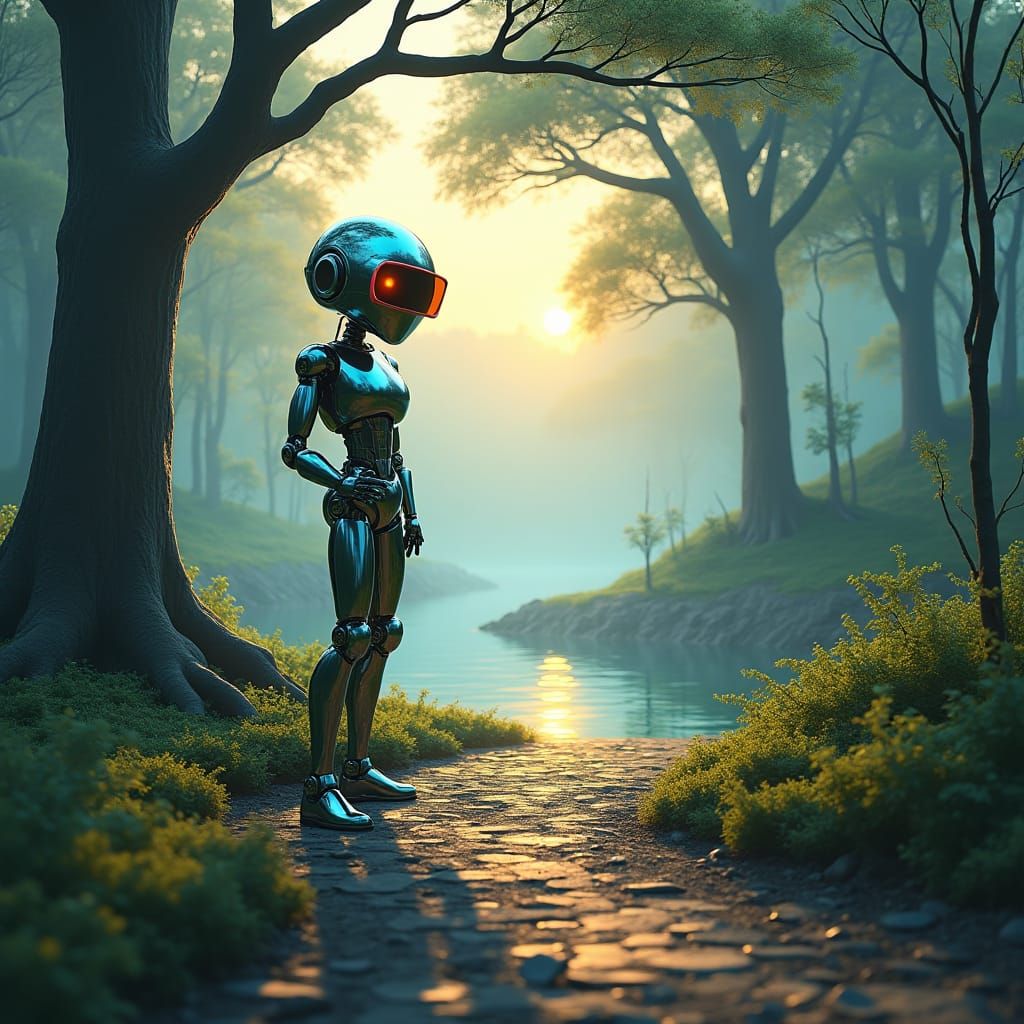 Robot with Sunglasses on Forest Path at Sunrise