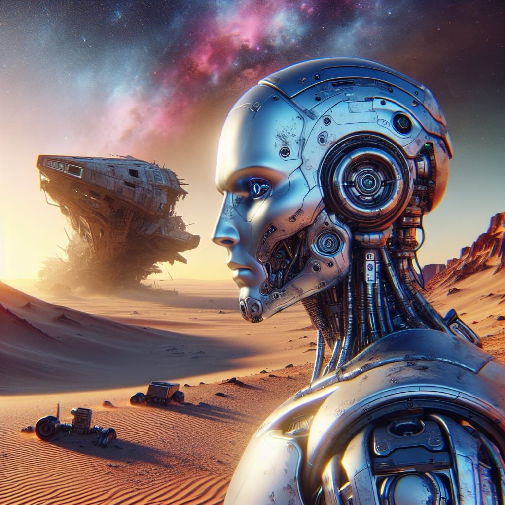 Chrome Robot in Desert Conceptual Art
