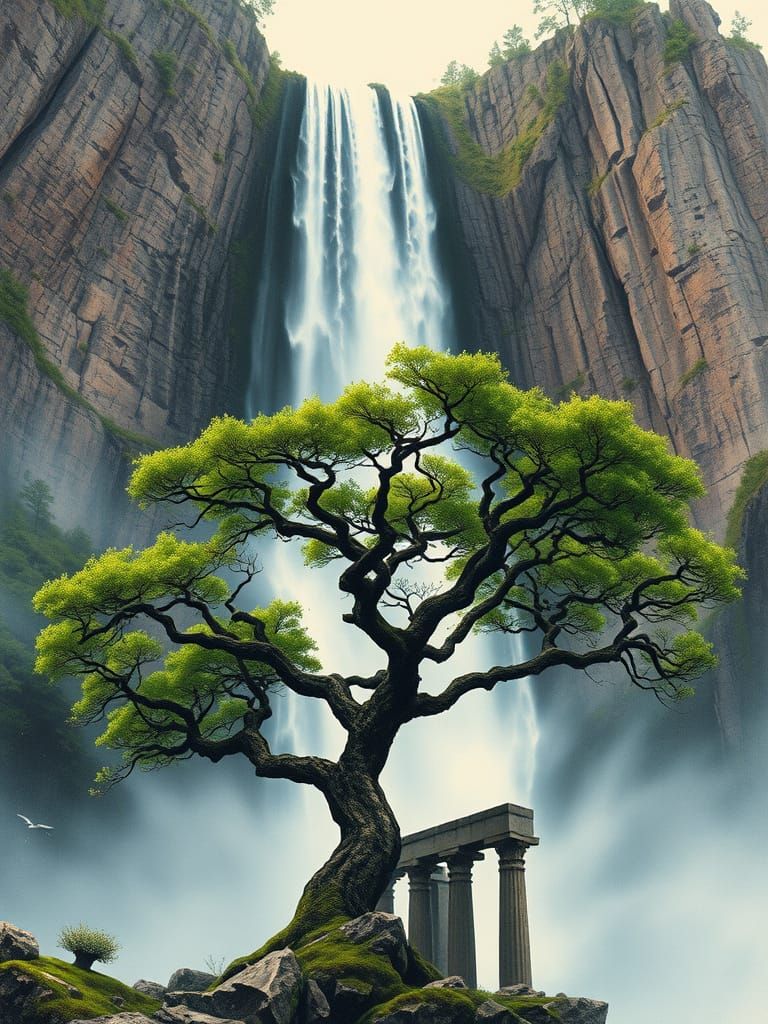 Ethereal Waterfall in Vibrant Vintage Ink