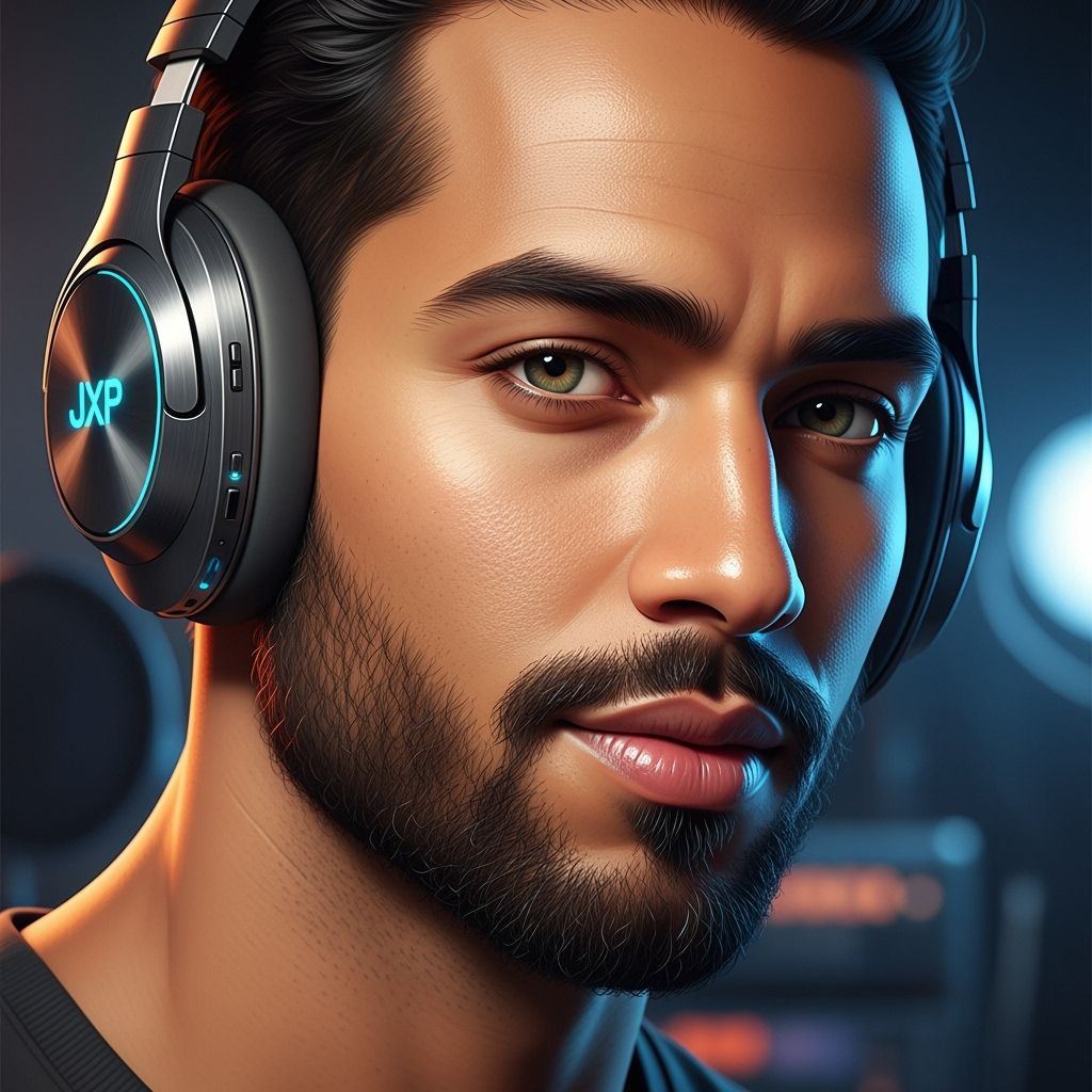 Portrait of Man with Futuristic Headphones in Editorial Styl...