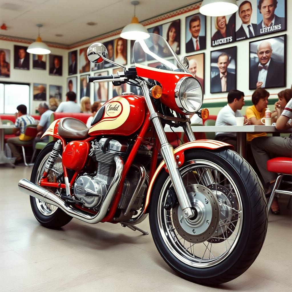 Custom Cafe Racer Motorcycle in 1970s Diner