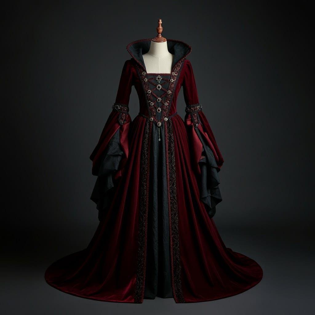 Ethereal Medieval Princess Gown in Crimson and Onyx