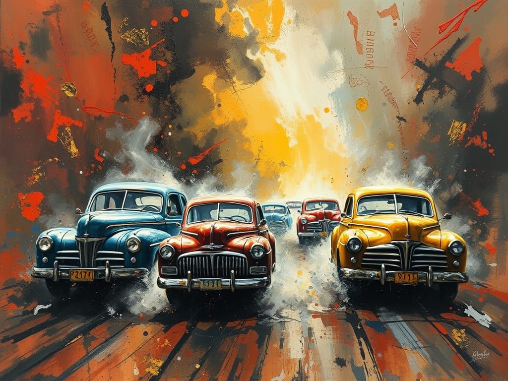 Racing Cars in a Hazy, Industrial Landscape