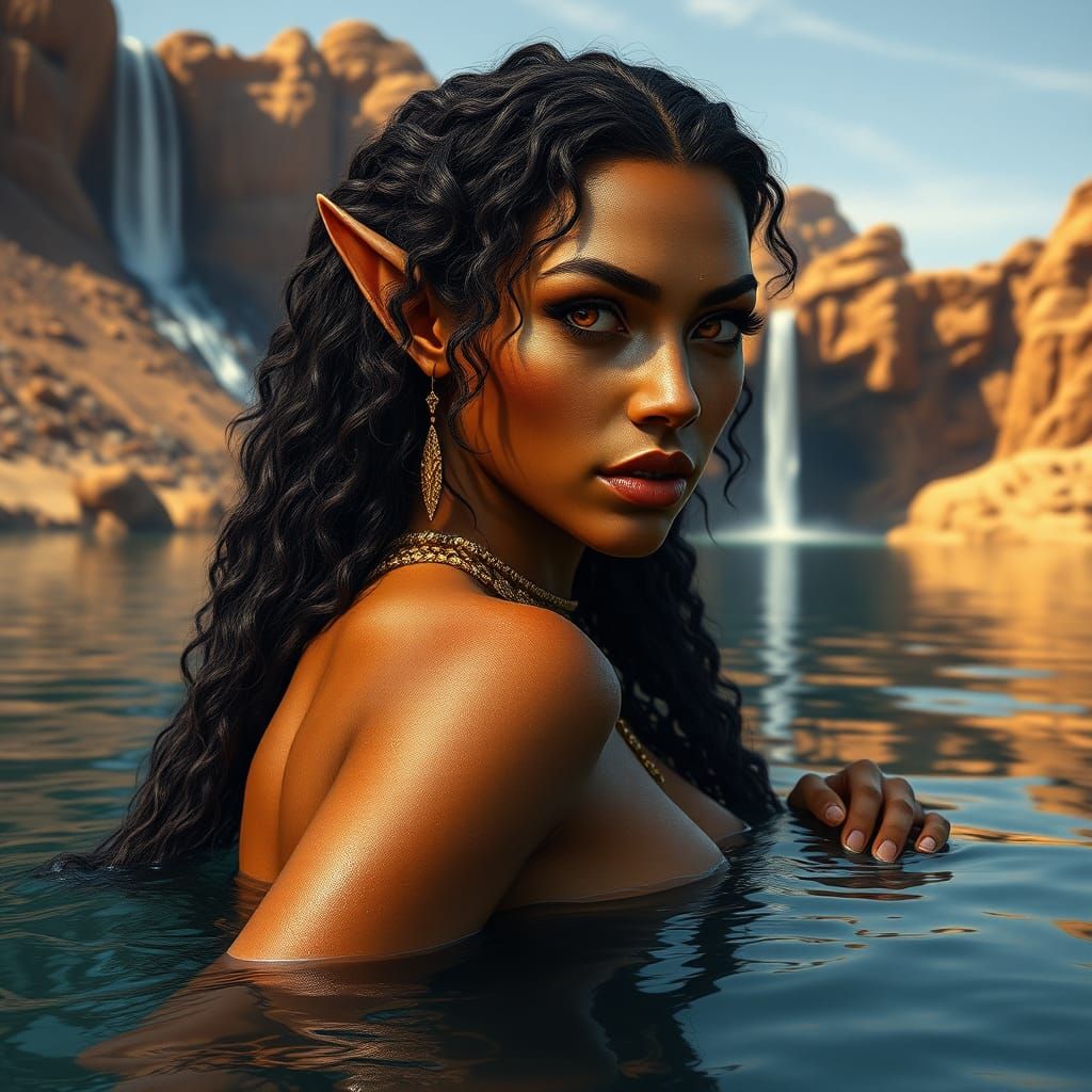 Sultry Desert Elf Emerges from Serene Lake Waters
