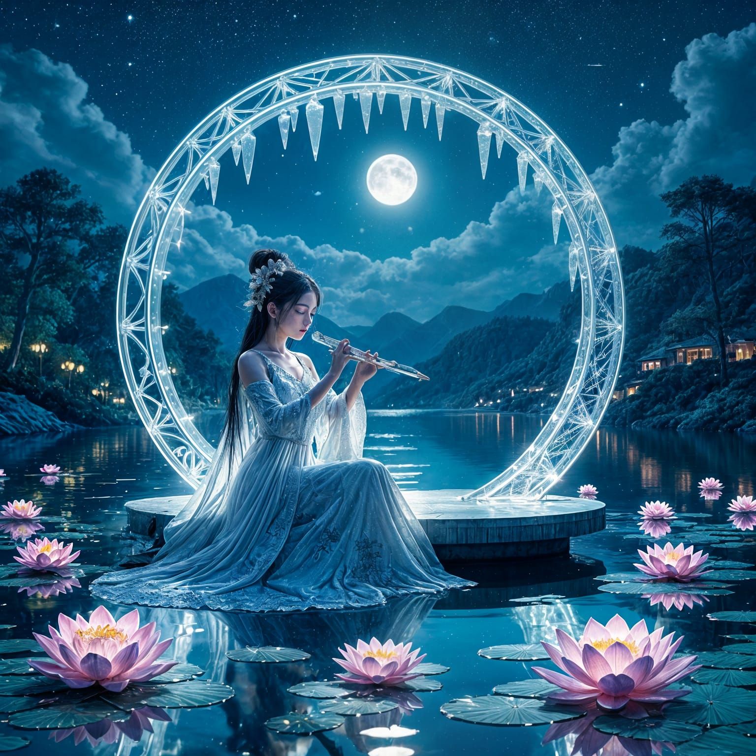 Glowing Lotus Petals on Starry Mountain Lake