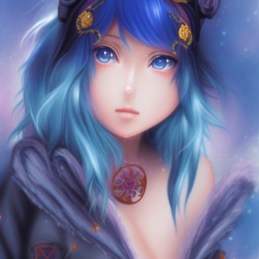 Ethereal Anime Girl with Blue Hair, Hyperdetailed Fantasy