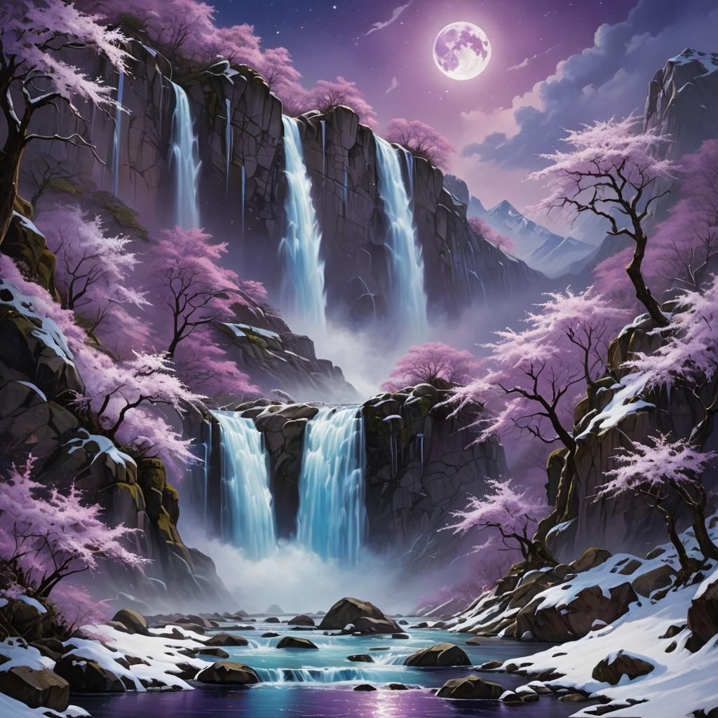 Waterfall with Sakura and Purple Moon, Fantasy Art