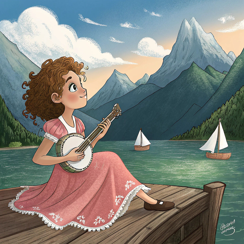 Girl on Dock Playing Banjo in 8k