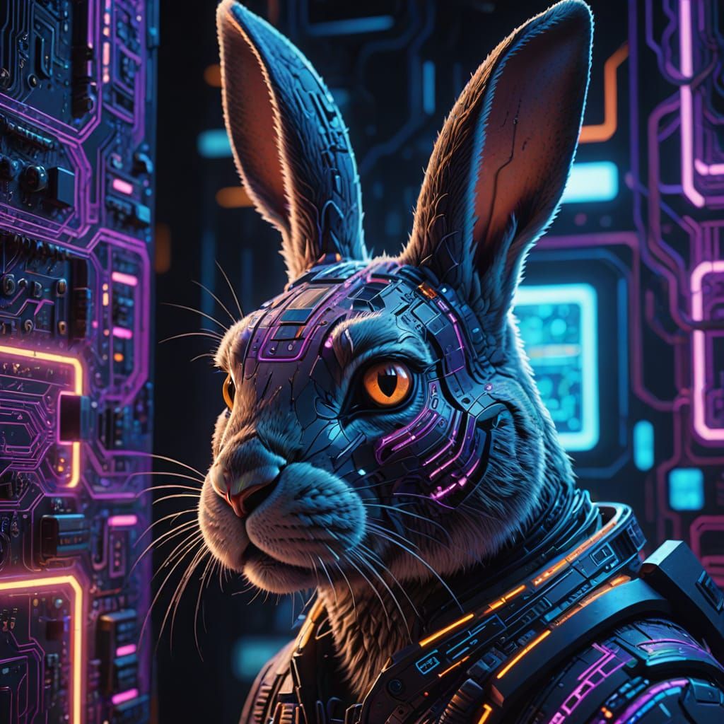 Cyberpunk Rabbit Face Made of Code, Digital Matte Painting