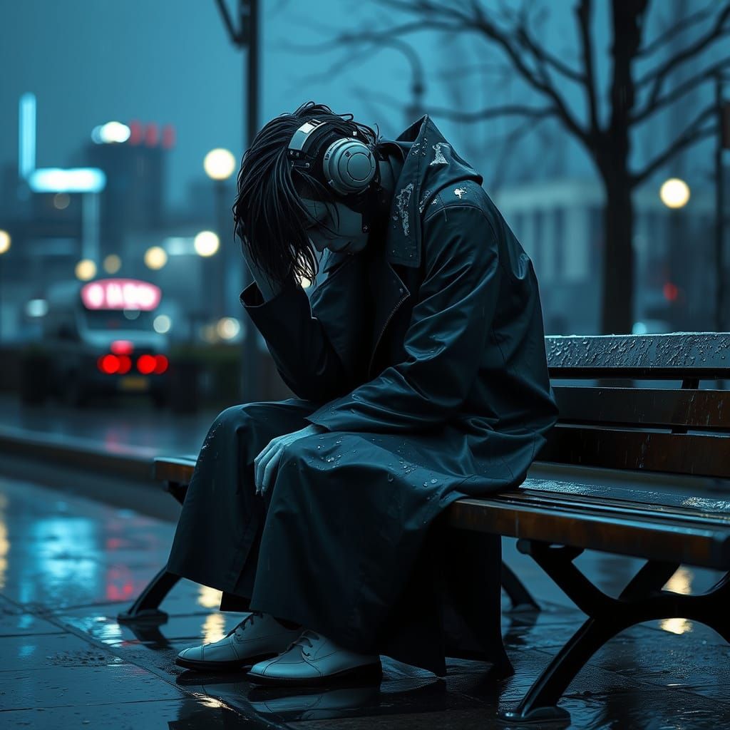 Android's Rainy Despair: Cyberpunk Dusk Scene