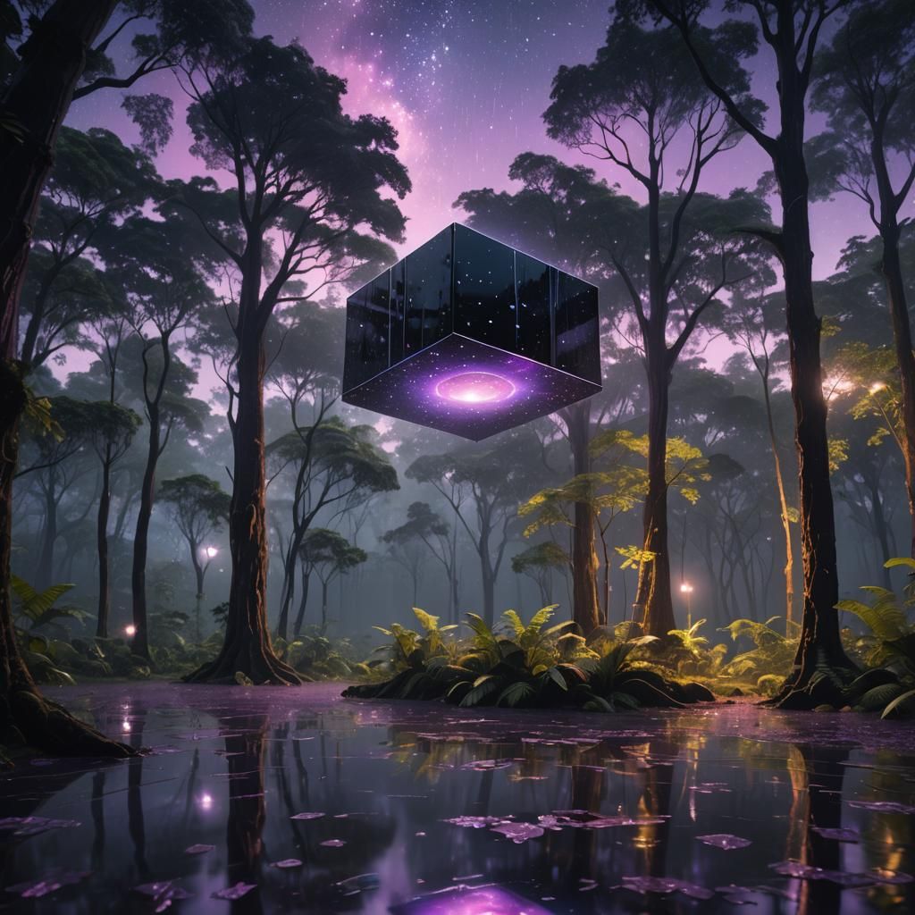 Reflective Cube in Rainforest: a Matte Painting