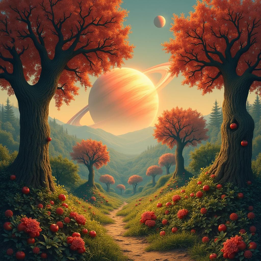 Planet of Apples: Celestial Orchards in Sci-Fi Style