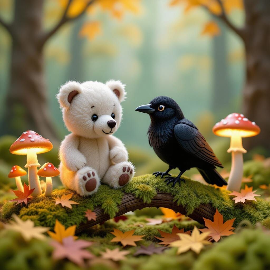 Whimsical Woodland Scene with Bear, Raven and Mushrooms