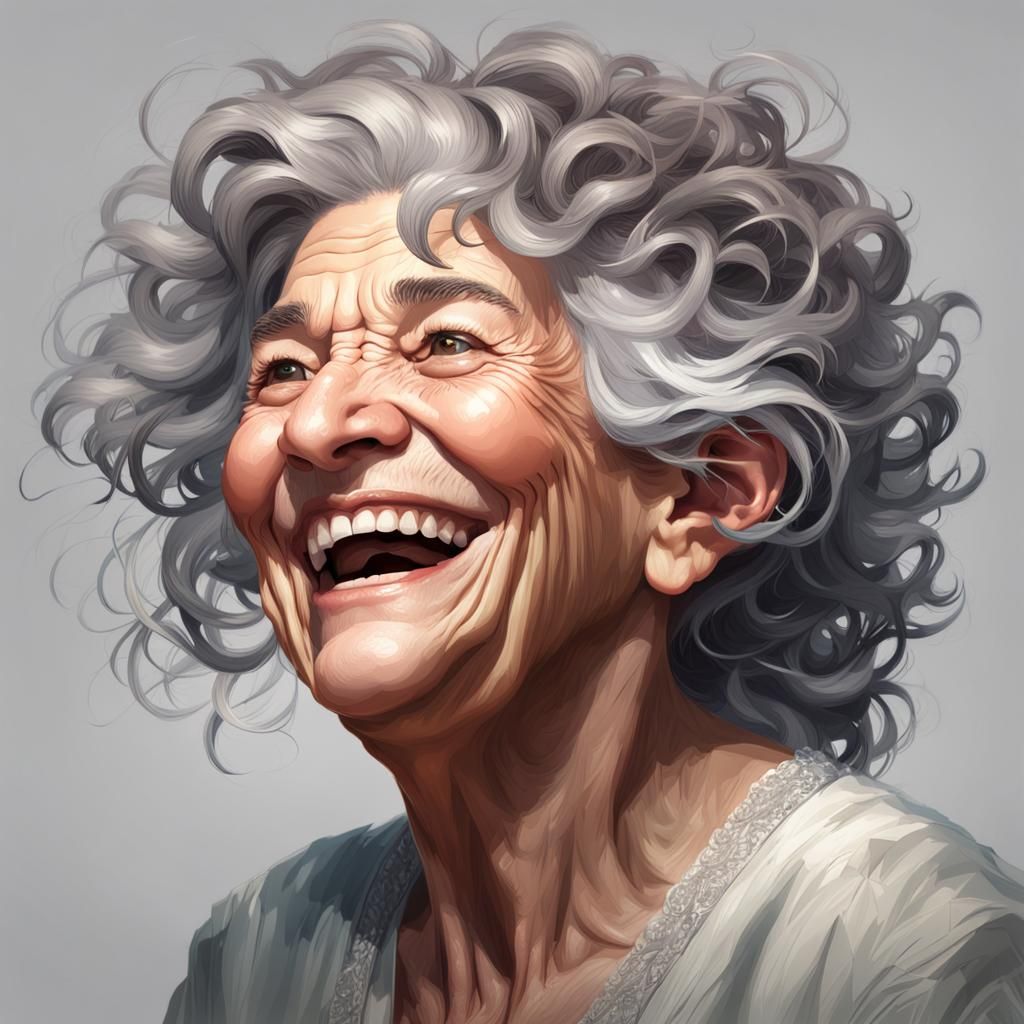Laughing Old Woman Portrait in Hyperdetailed Style