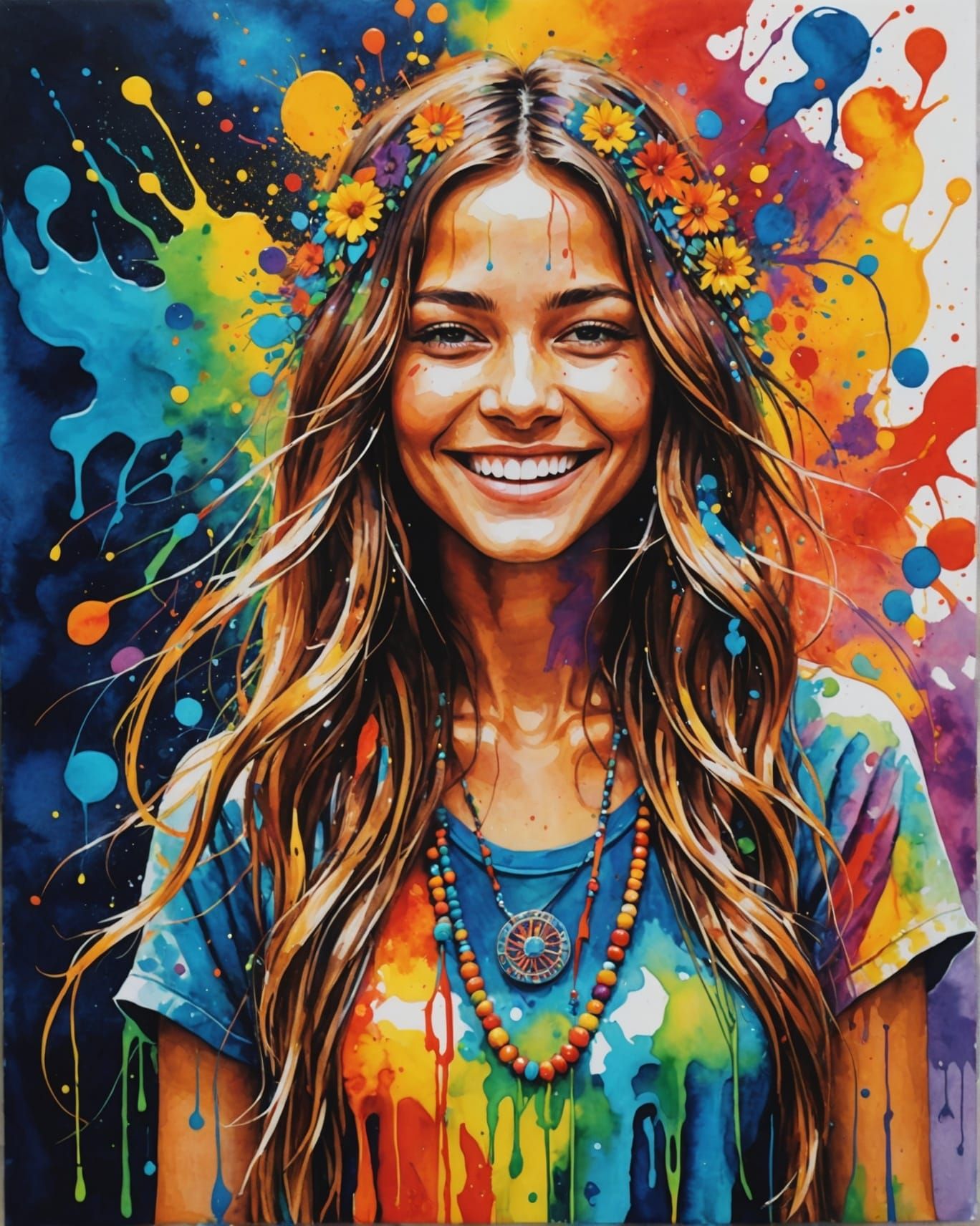 Colorful Hippy Girl in Acrylic Watercolor Splash Art