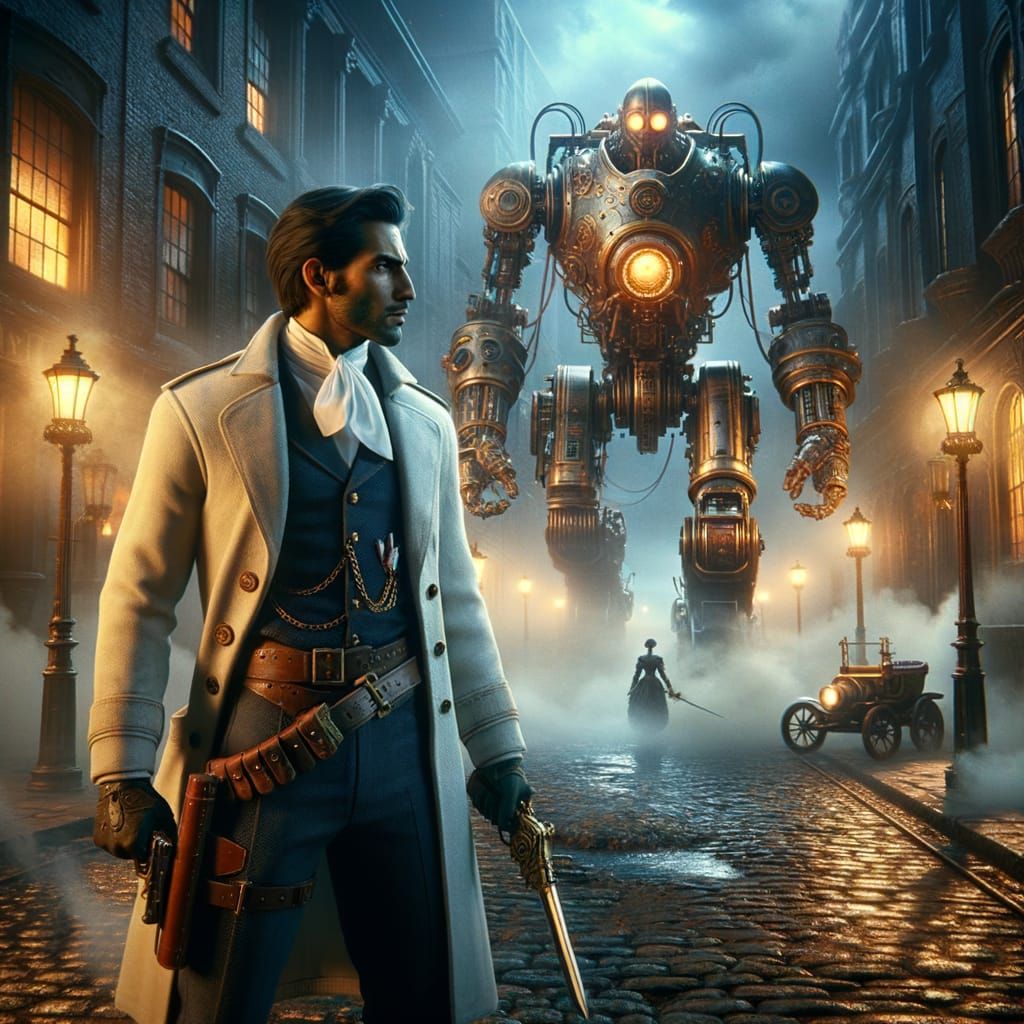 Victorian Fighter Confronts Steampunk Robots on Foggy Street