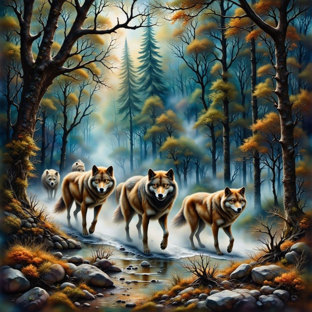Wolves in Misty Forest: Atmospheric Watercolor Landscape