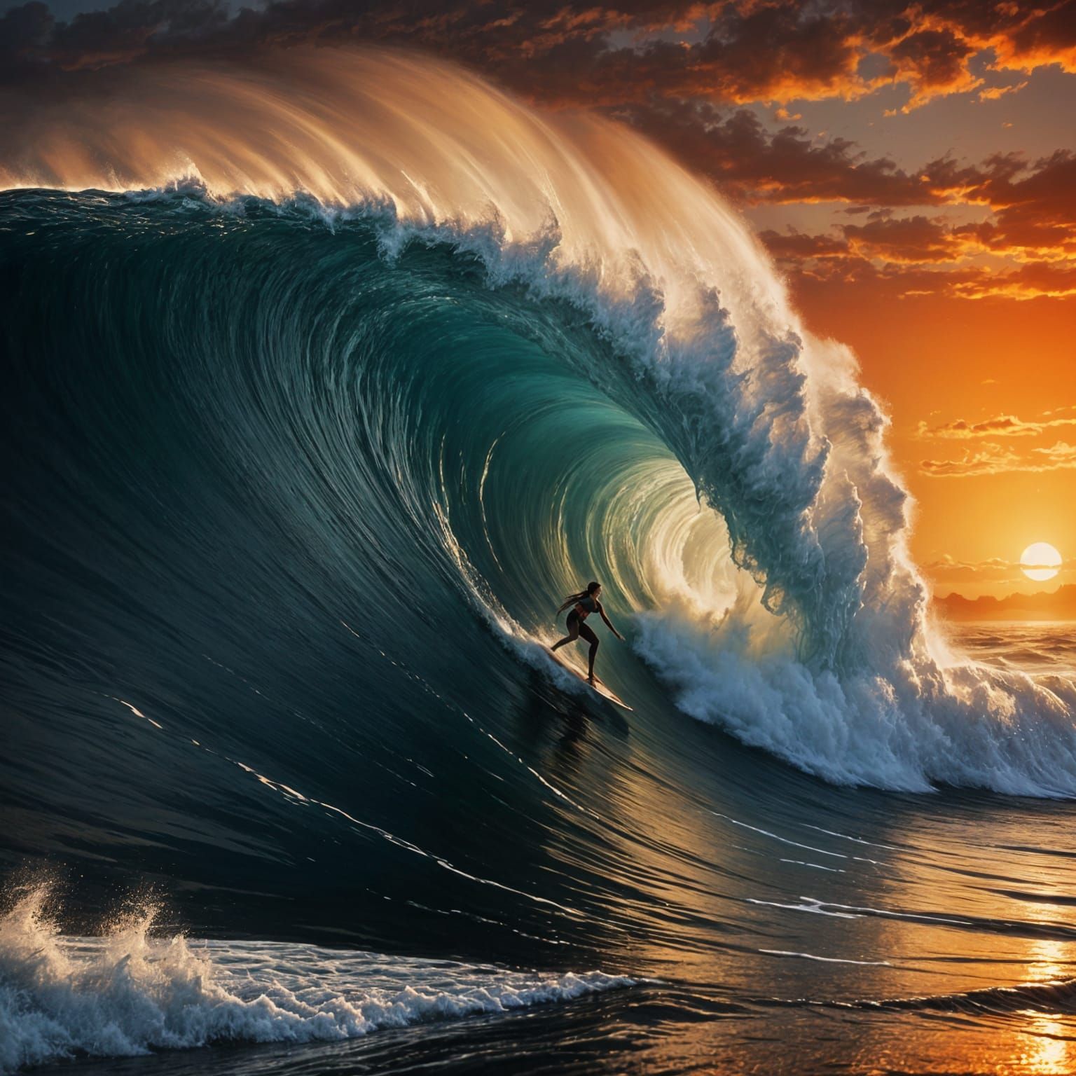 Surfer Girl Rides Giant Wave at Sunset