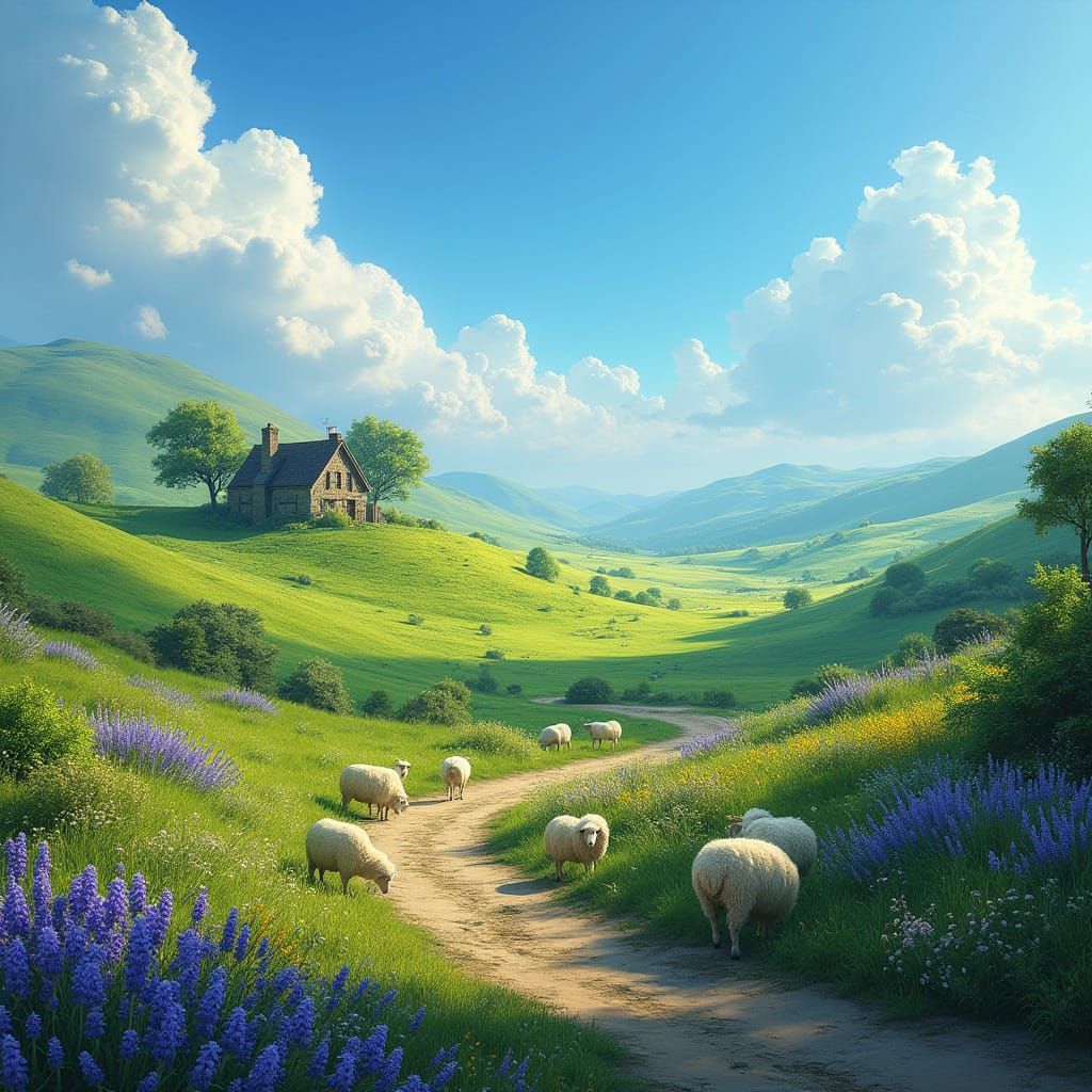 Idyllic Emerald Hills with Vibrant Wildflowers and Grazing S...