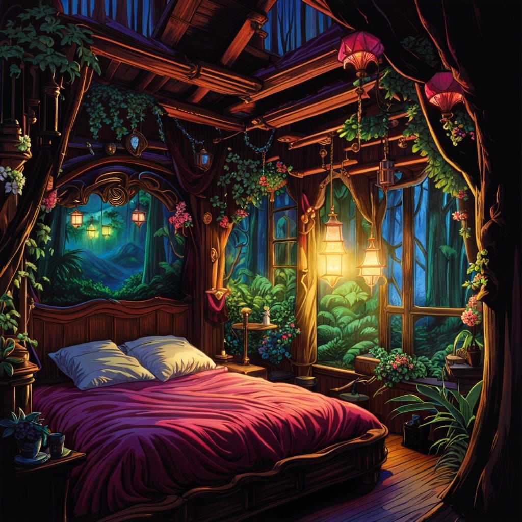 Magical Treehouse Bedroom in Comic Book Style
