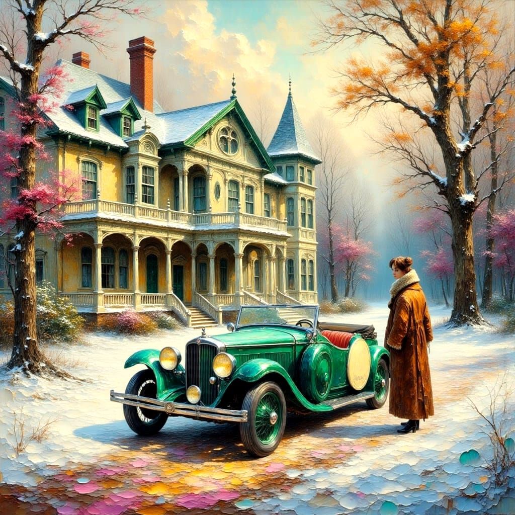 Vintage Car at Manor House in Winter Landscape