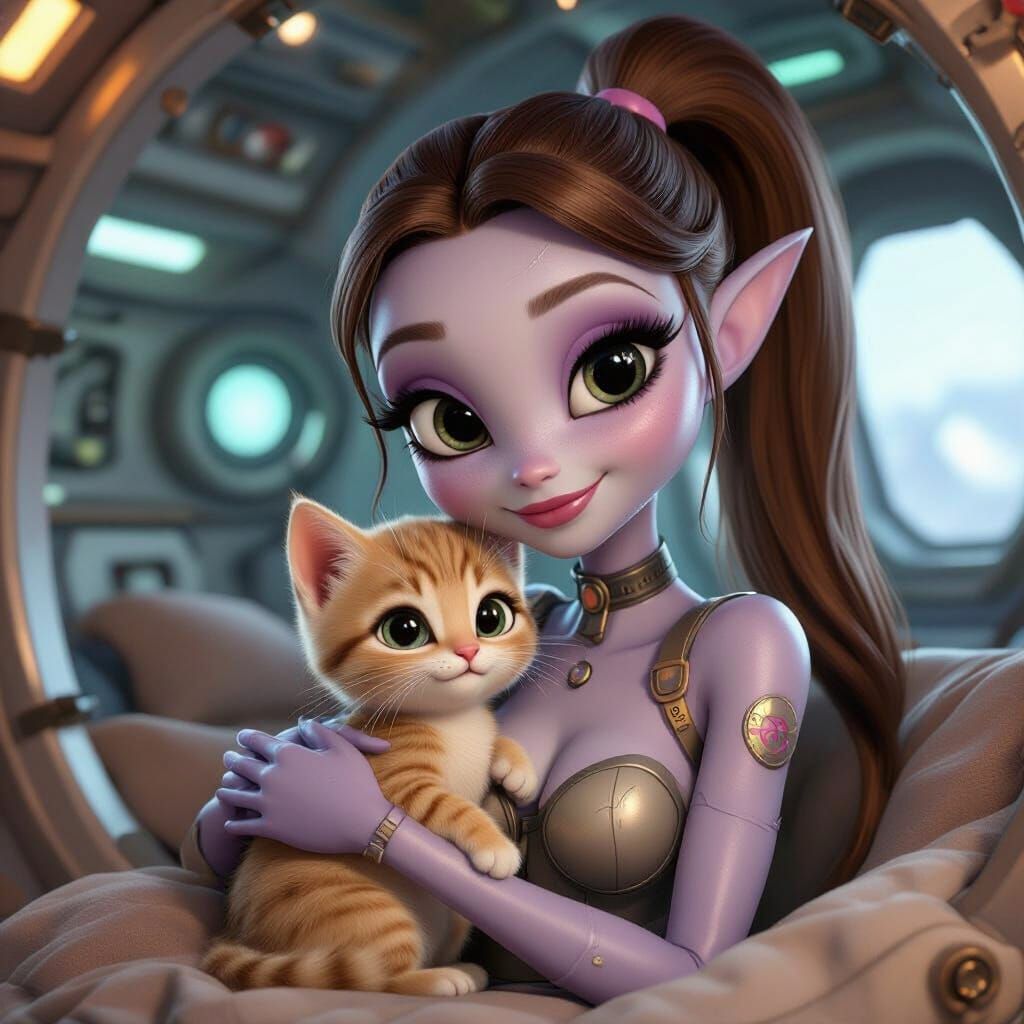 Alien Woman Snuggles Kitten in Steampunk Spaceship