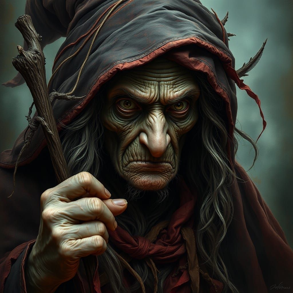 Ancient Witch Portrait: Halloween Horror Oil Painting