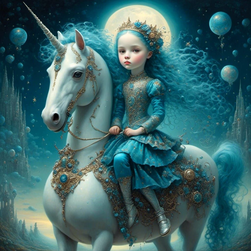 Girl and Unicorn in Blue Oil Painting Style