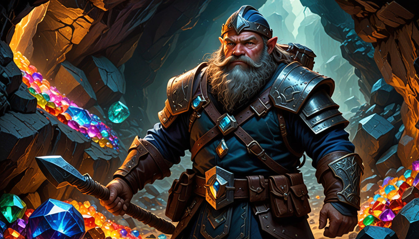 Fantasy Dwarf Miner in a Vibrant Gemstone Cave