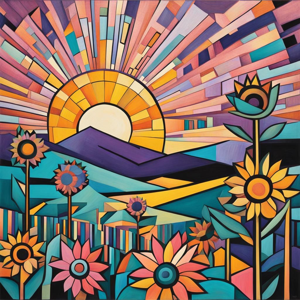 Geometric Sunrise Over Flower Fields, Cubist Style