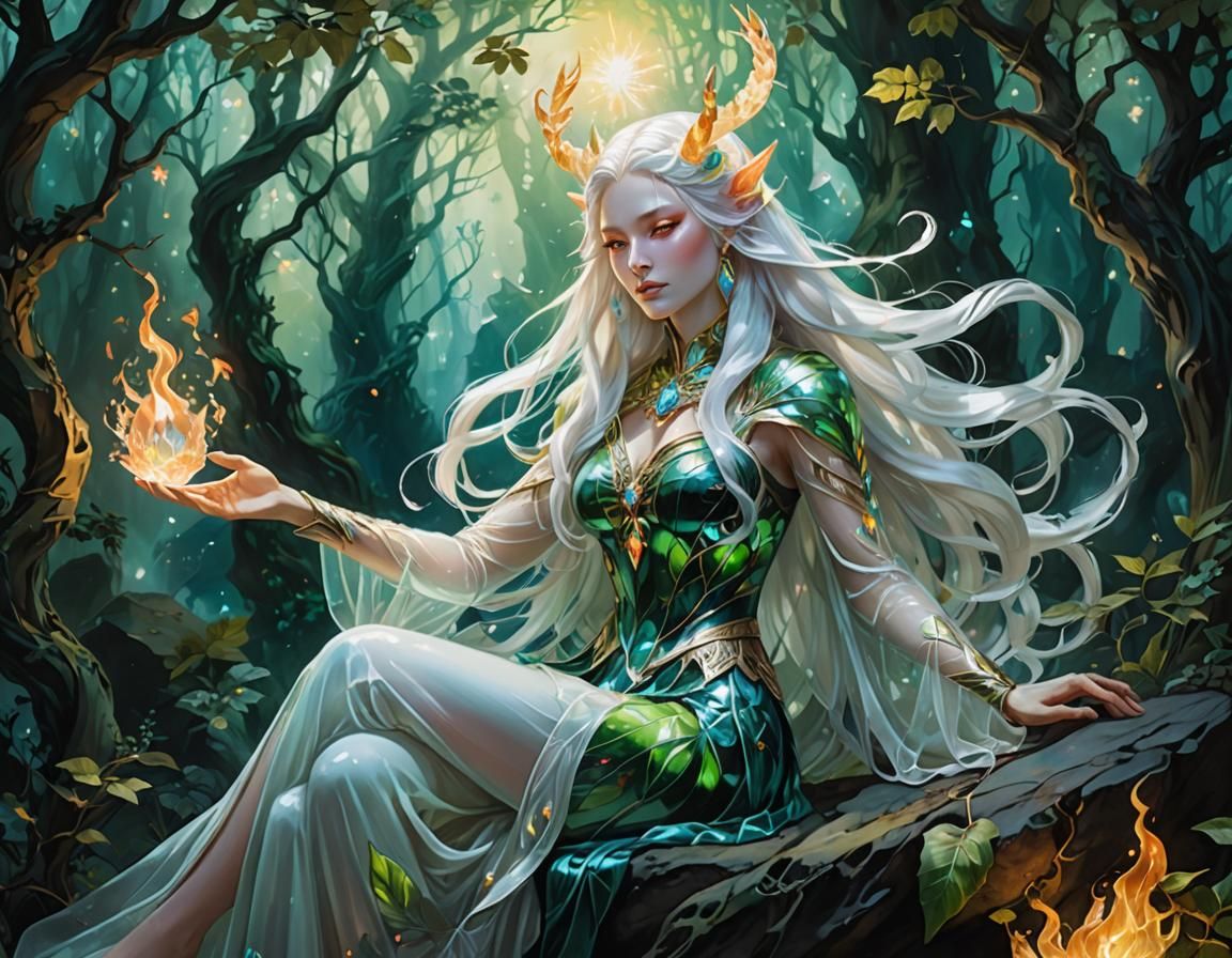 Mystical Forest Scene with Horned Woman, in Glass Painting S...