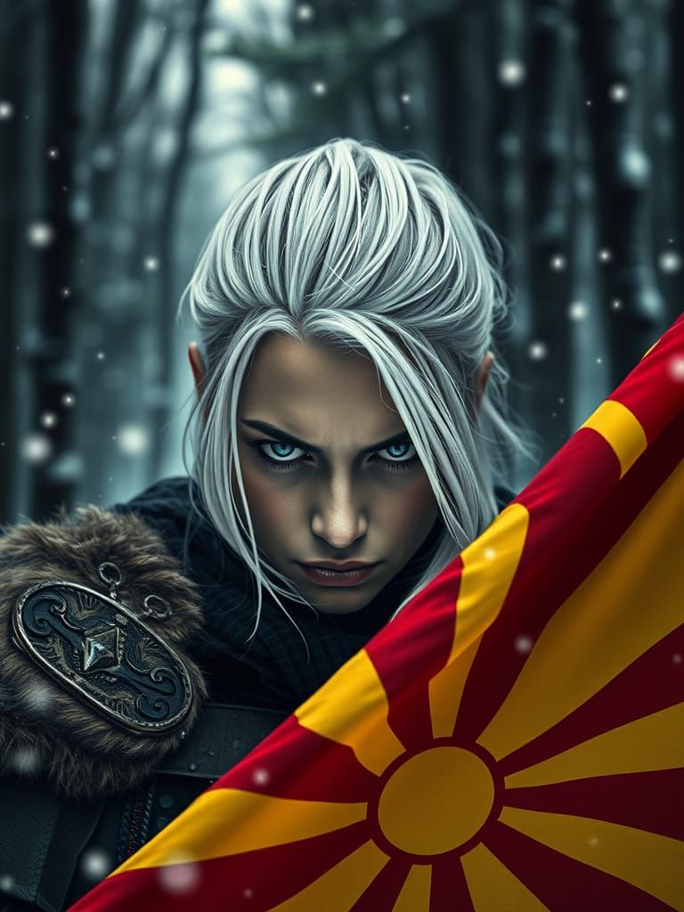 Warrior Woman with White Hair Waving Macedonian Flag in Snow...