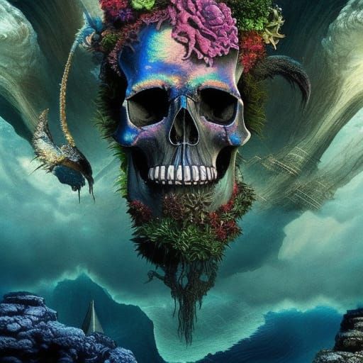 Iridescent Skull on Island Digital Painting