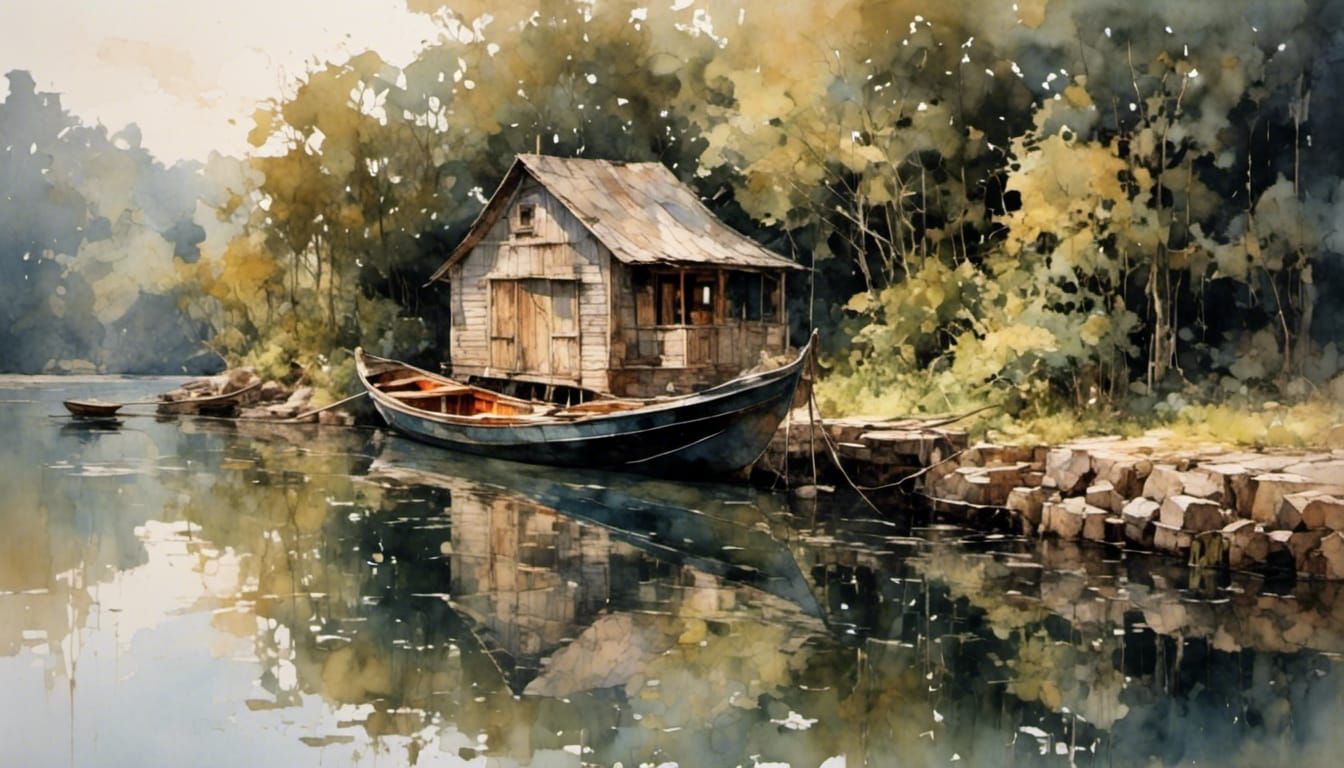 Boats Moored on a Still River in Watercolor Style