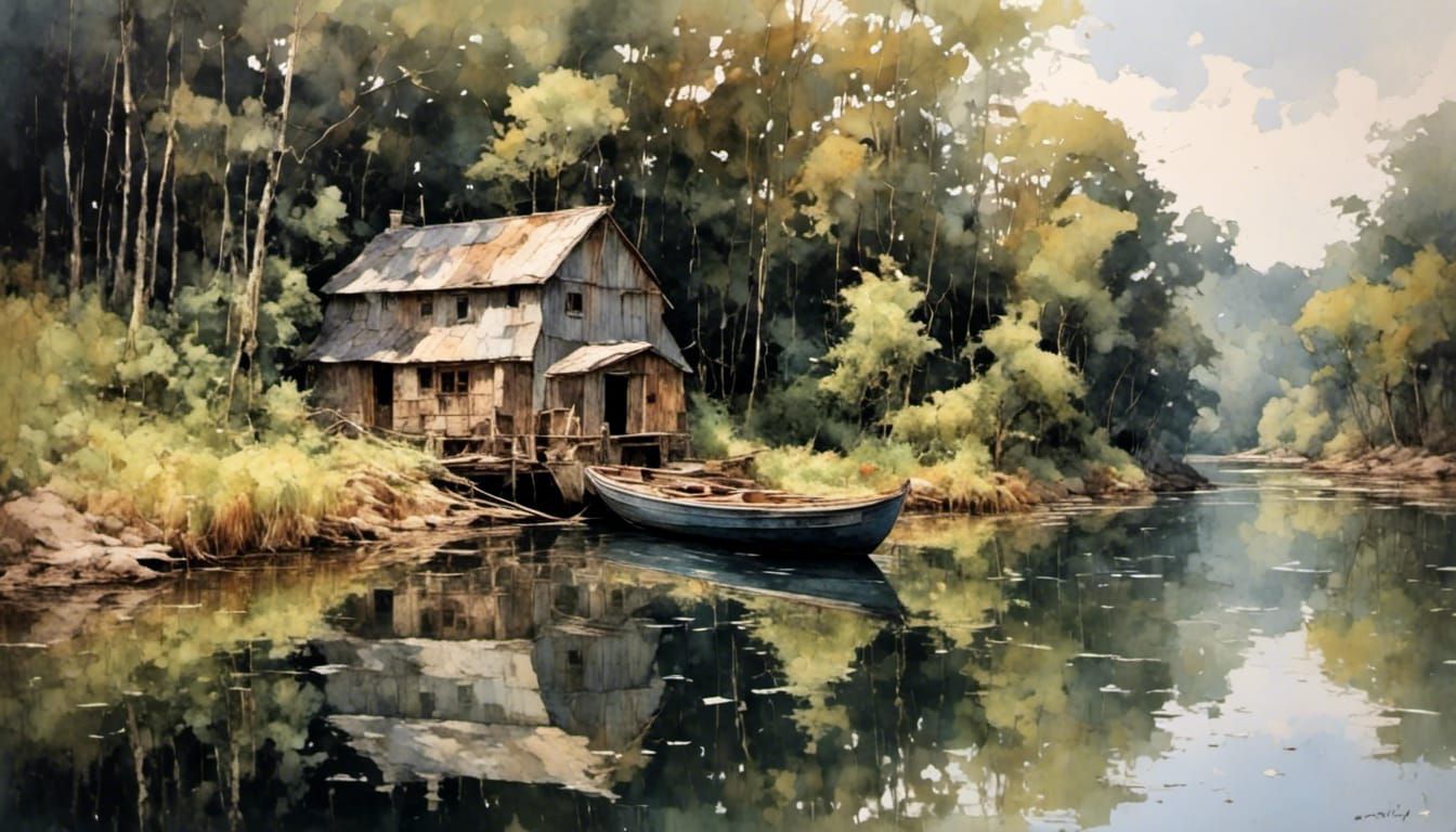 Boat Moored on Riverbank in Watercolor Style