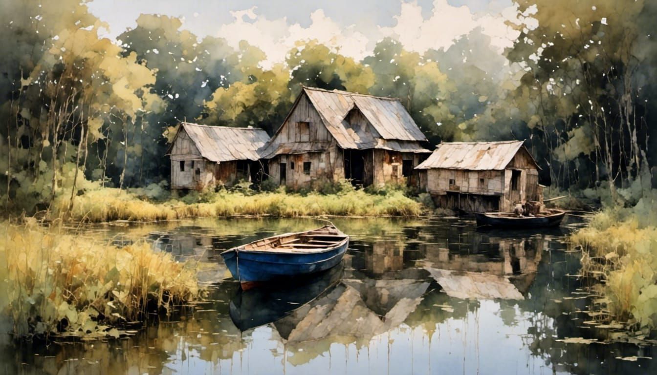 Still River Scene with Boats in Sfumato Oils