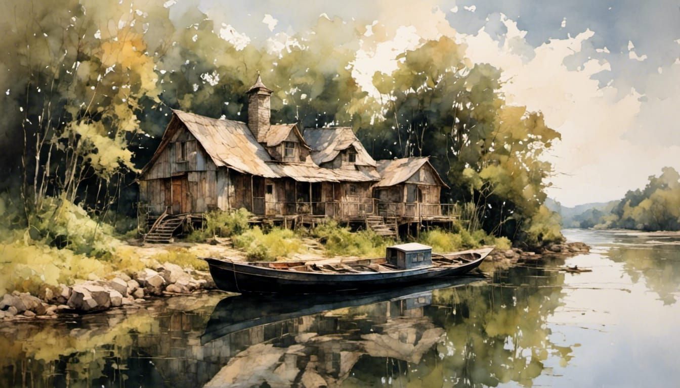 Boat Moored on River in Sfumato Watercolor Style