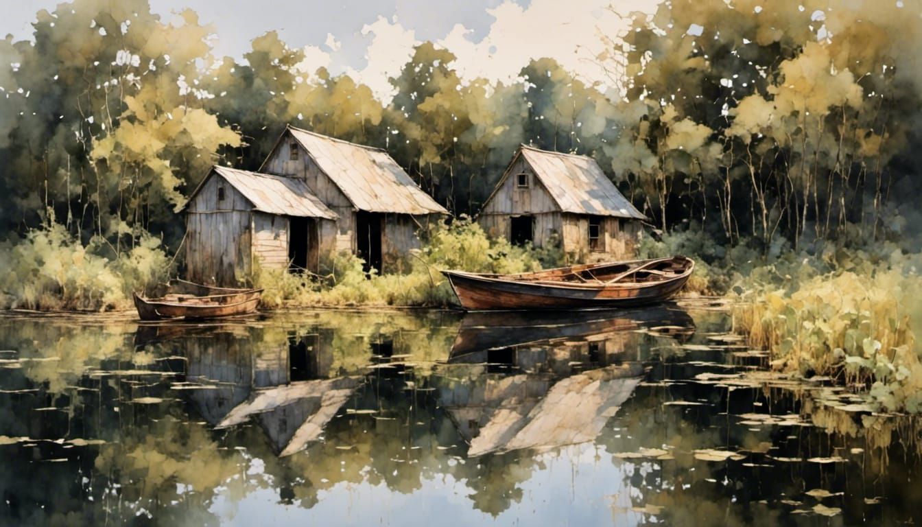 Boat Moored on Still River in Watercolor Style