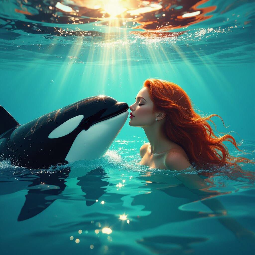 Woman and Orca Whale Connect in Emerald Ocean