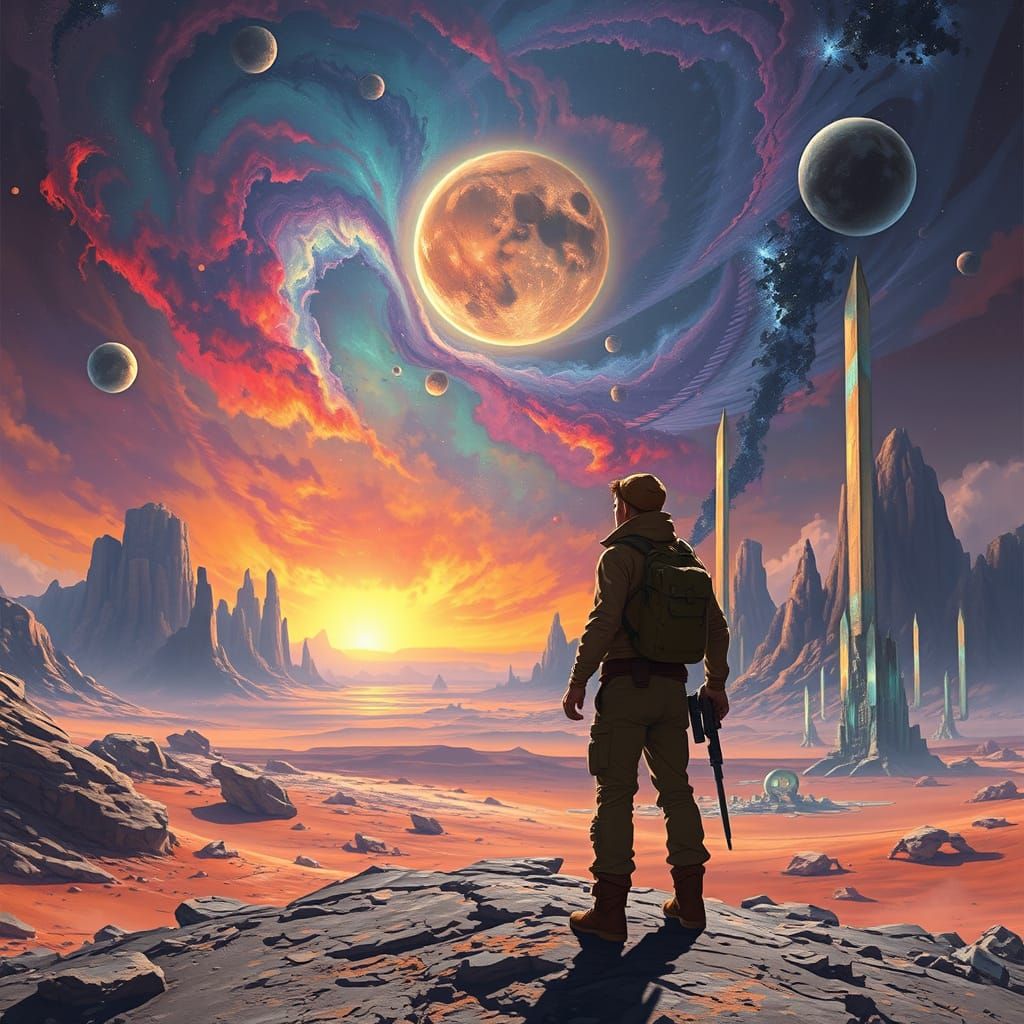 Alien Explorer Gazing at Binary Suns