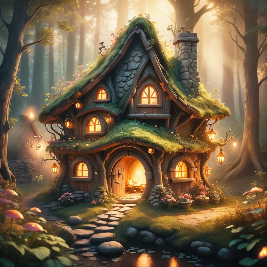 Enchanted Fairy Cabin in Forest: Whimsical Illustration