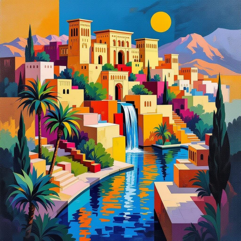 Hanging Gardens of Babylon in Bold Geometric Style