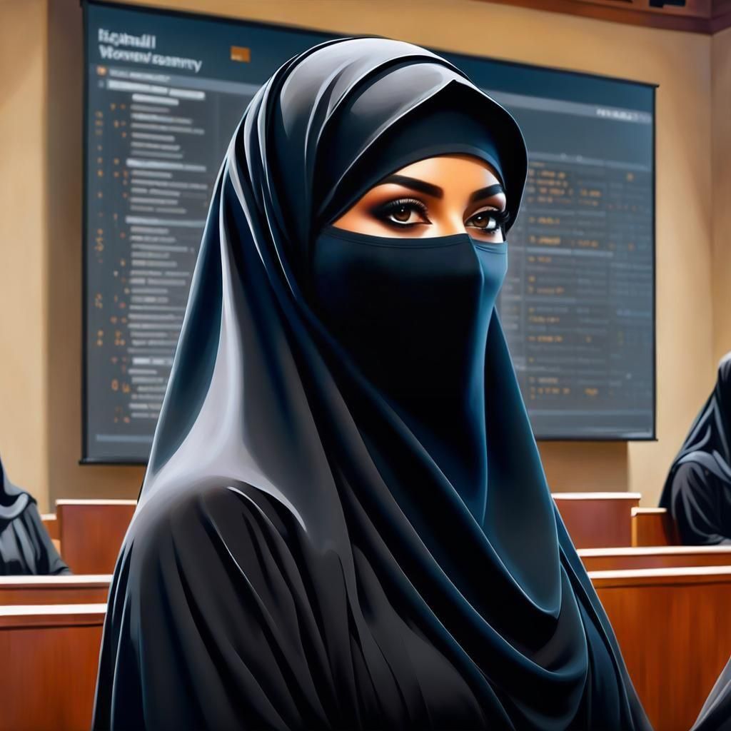 Niqabi Woman Giving University Lecture as Oil Painting