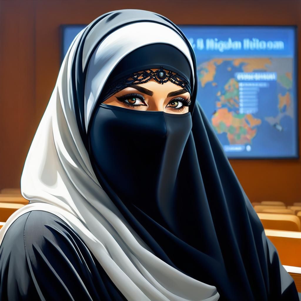 Niqabi Woman Giving University Lecture as Oil Painting