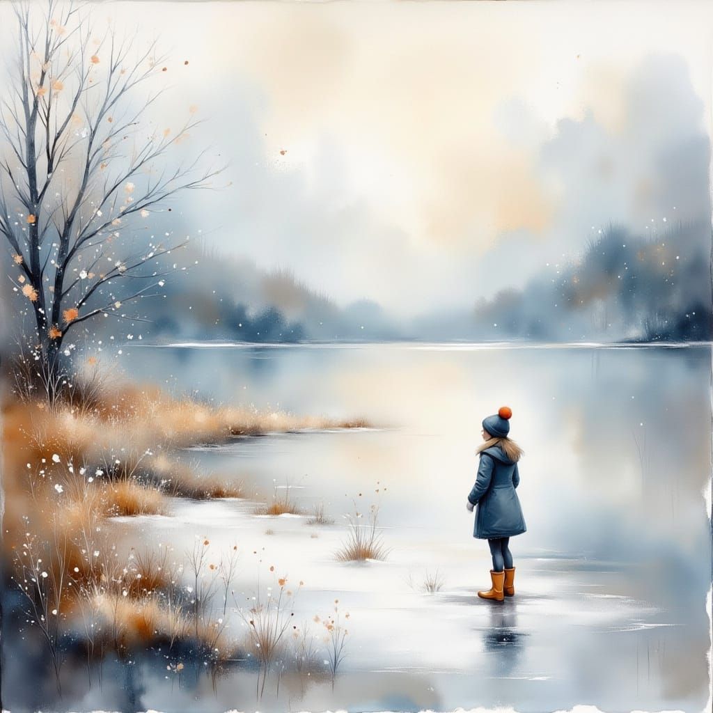 Scottish Winter Seascape with Girl in Duffle Coat